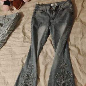 BAMBOO Light Blue Flare Jeans with Embroidery